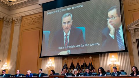 Former White House Counsel Pat Cipollone is seen in a video interview during a House select committee hearing in the Cannon House Office Building earlier this month.