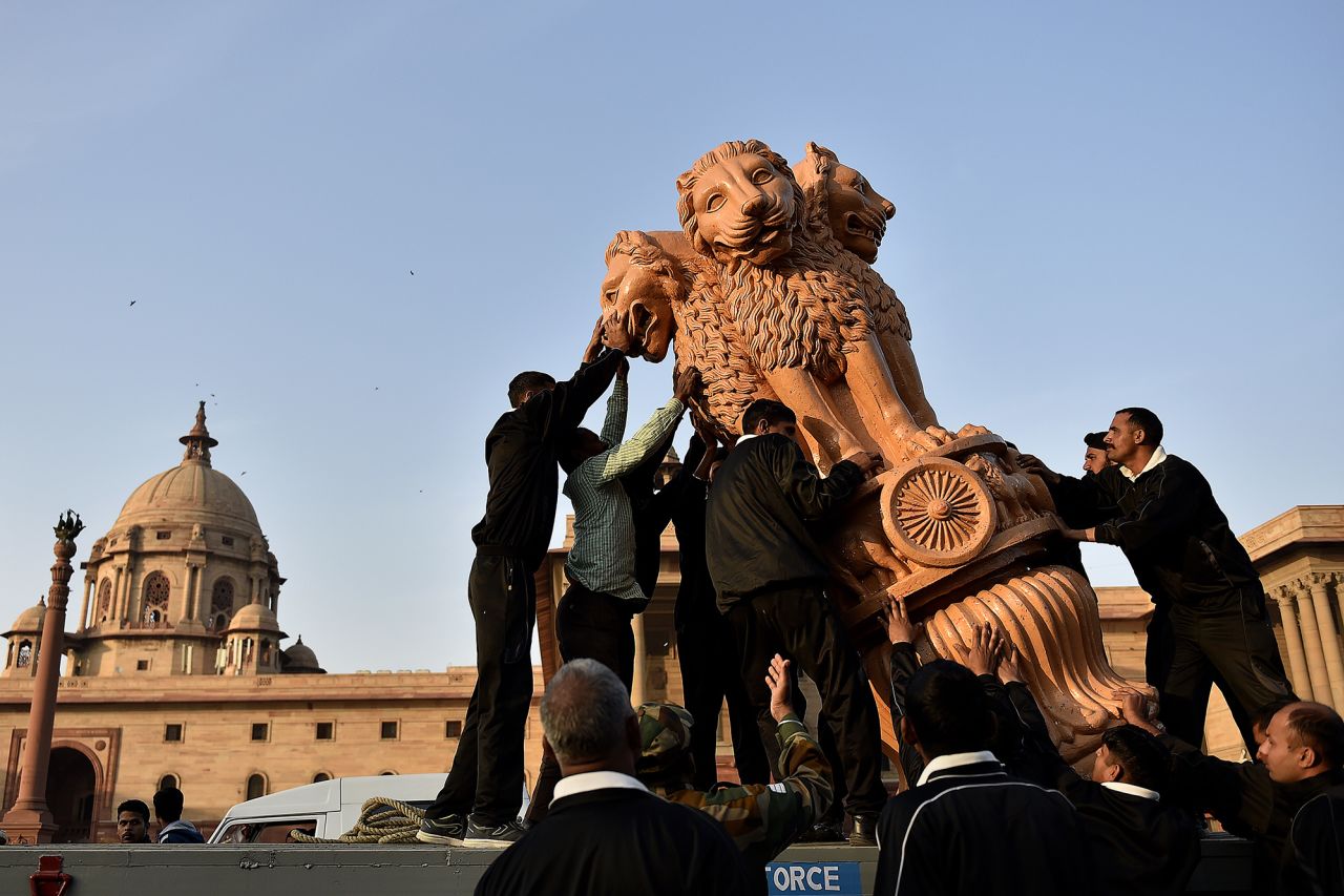 A different statue, also depicting the State Emblem of India, pictured outside the country's Ministries of Finance and Home Affairs in 2018.