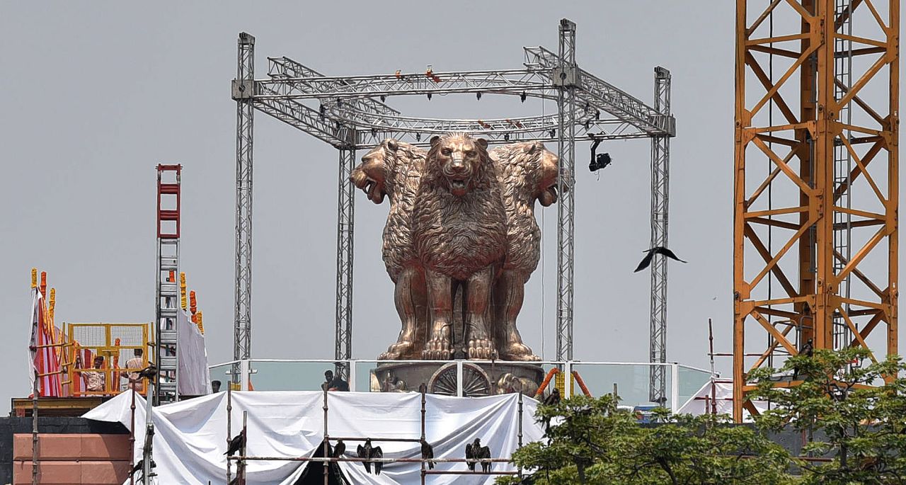 Located on the roof of India's new parliament building, the statue was unveiled by Prime Minister Narendra Modi on Monday.
