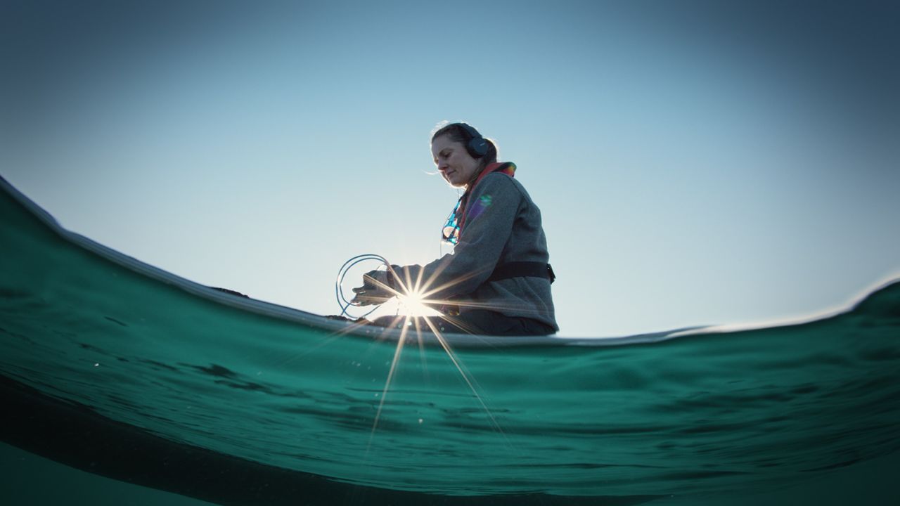 Susannah Buchan listens to blue whales with an underwater microphone in Chile's Gulf of Corcovado.