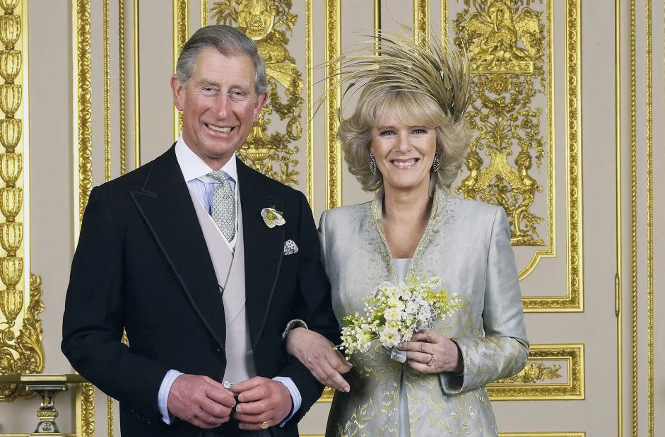 King Charles III, then a prince, poses with his new bride, Camilla, after their marriage in Windsor, England, in 2005.
