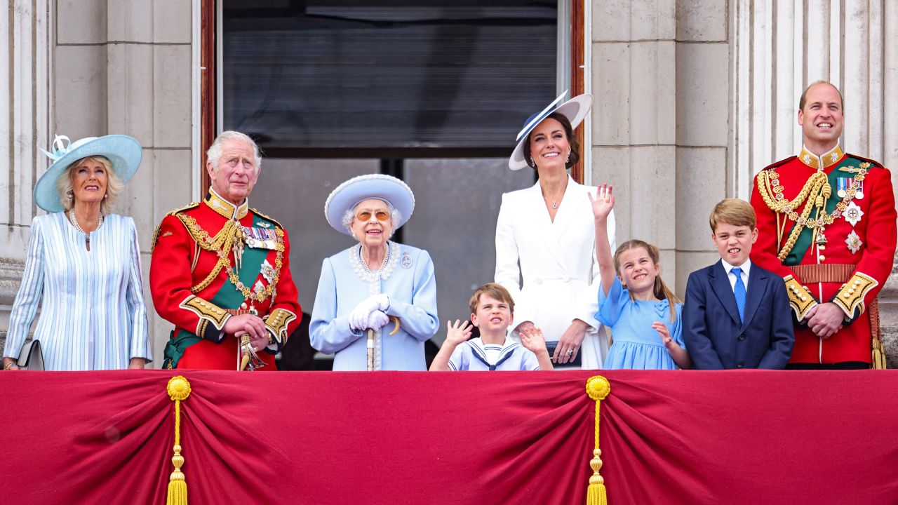 Members of the royal family watch an RAF flypast on the balcony of Buckingham Palace during the Trooping the Colour parade on June 2, 2022, as part of the  Queen's platinum jubilee celebrations.