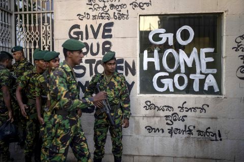 Soldiers patrol near the official residence of President Gotabaya Rajapaksa on Tuesday.