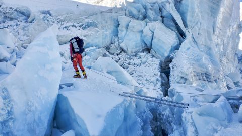 One of Perry's team members navigating the Khumbu Icefall. 