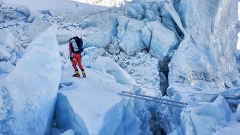 One of Perry's team members navigating the Khumbu Icefall.