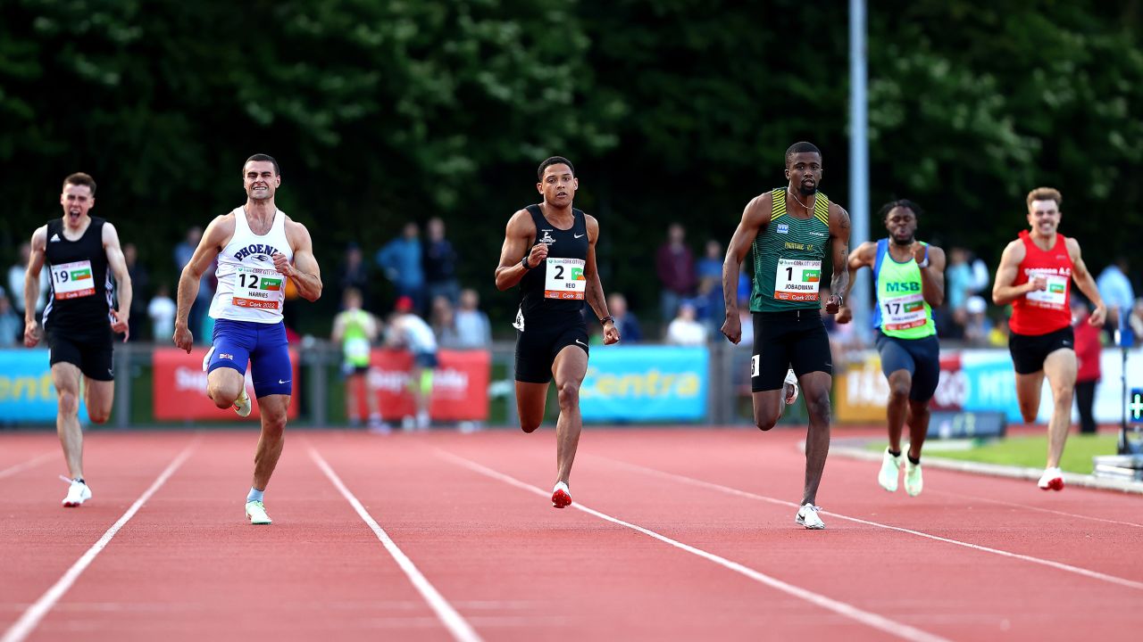 Ireland's Leon Reid (center left) and South Africa's Anaso Jobadwana
(center right) compete at the Cork City Sports meet at Munster Technological University Athletics Stadium in Ireland on July 5.