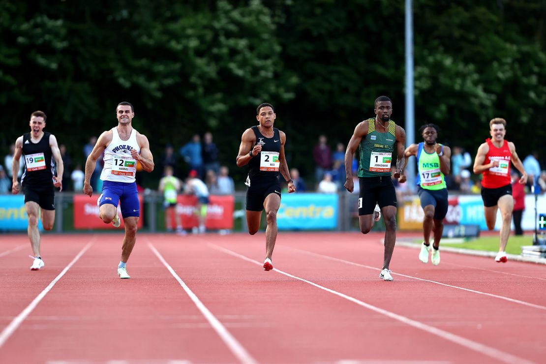 Ireland's Leon Reid (center left) and South Africa's Anaso Jobadwana
(center right) compete at the Cork City Sports meet at Munster Technological University Athletics Stadium in Ireland on July 5.