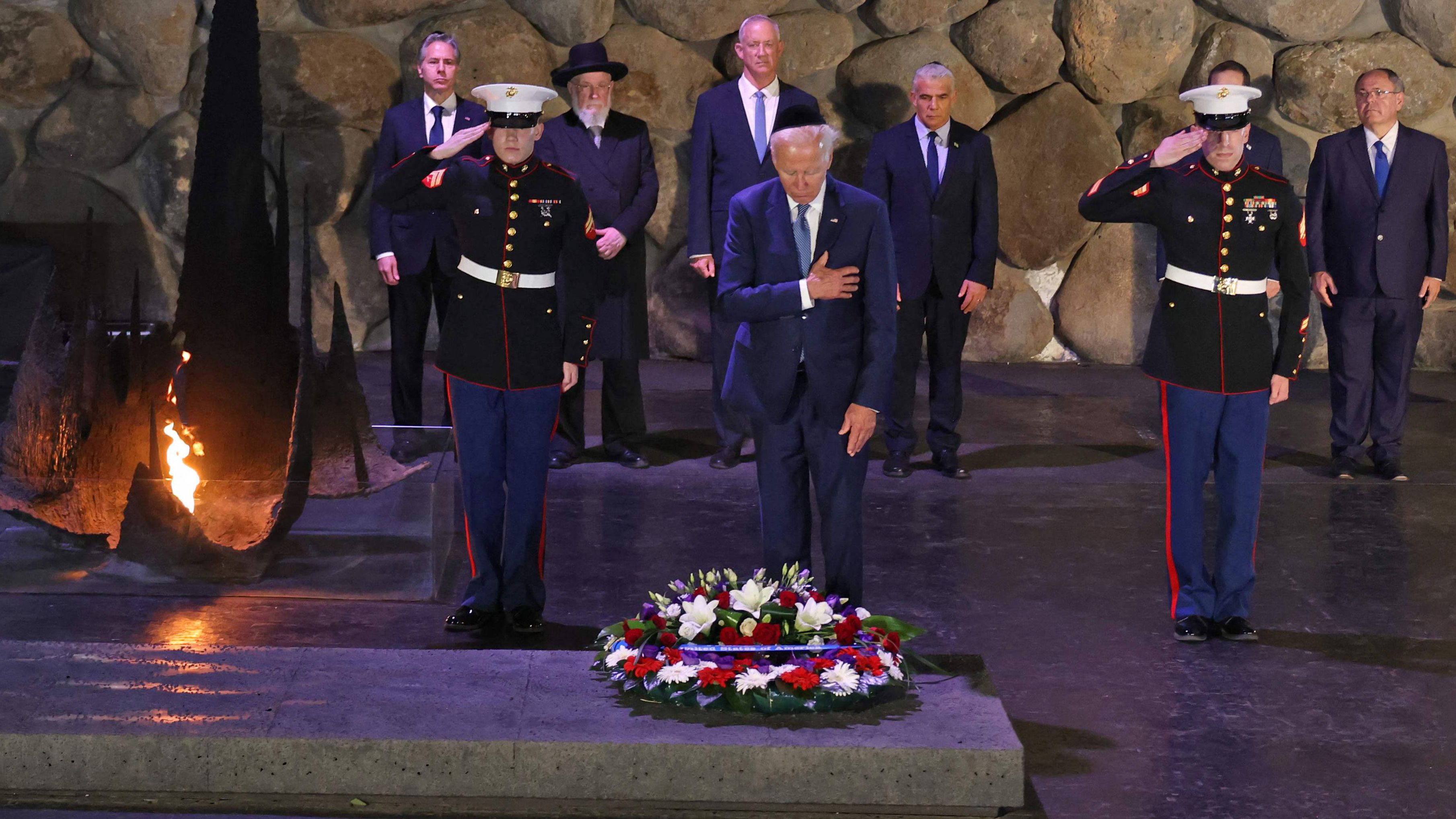 Biden lays a wreath Wednesday at the Yad Vashem Holocaust Remembrance Center in Jerusalem.
