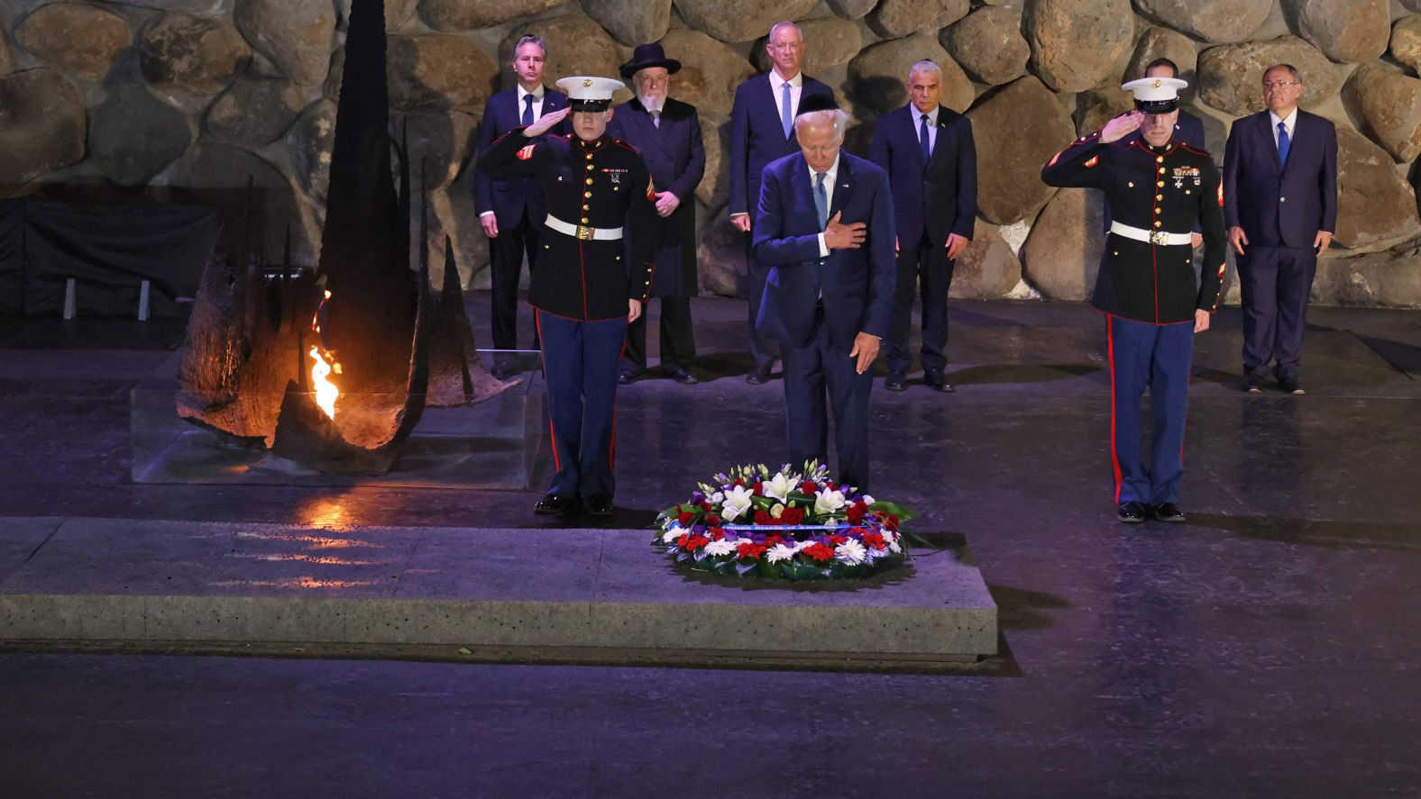 Biden lays a wreath Wednesday at the Yad Vashem Holocaust Remembrance Center in Jerusalem.