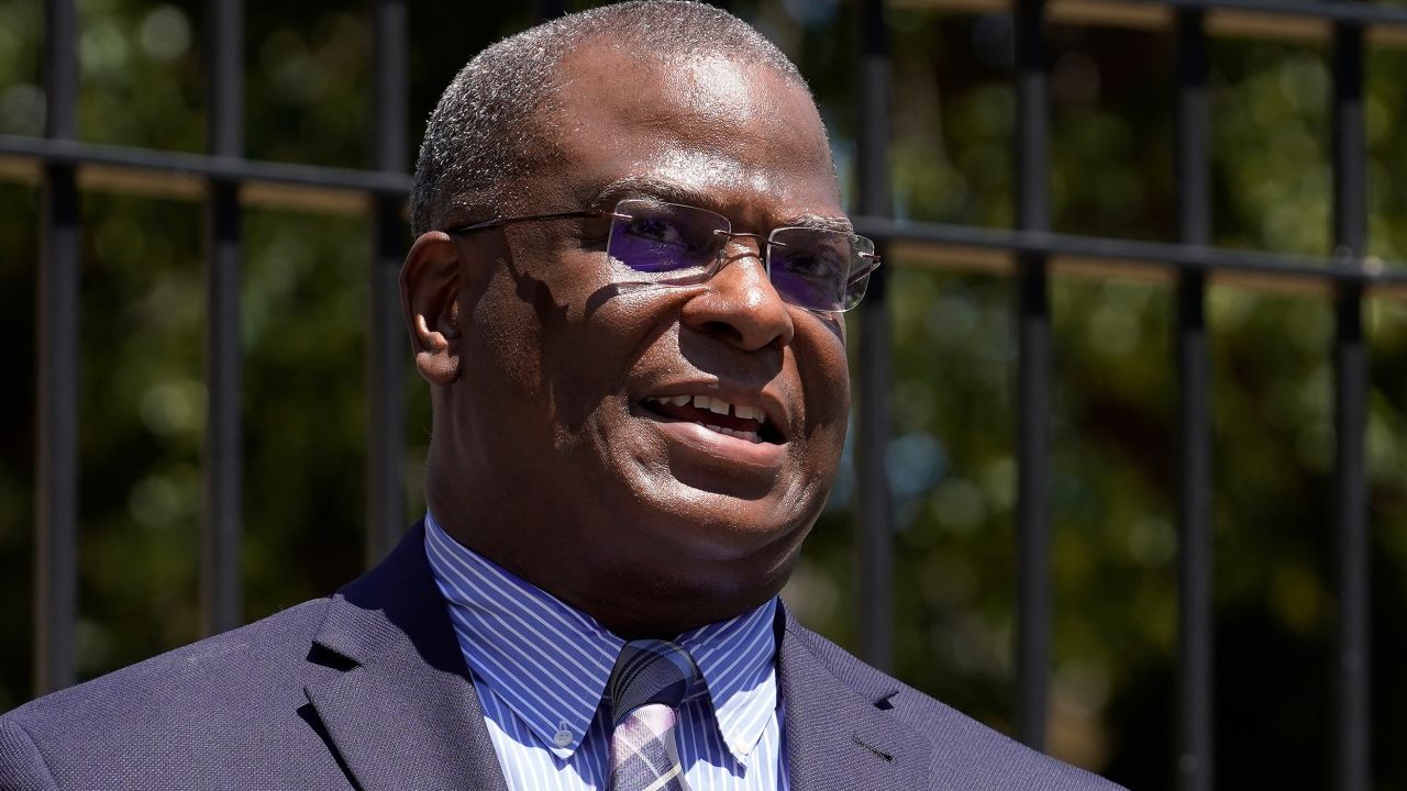 Michael Cox, who has been named as the next Boston police commissioner, faces reporters during a news conference, Wednesday, July 13, 2022, in Boston's Roxbury neighborhood. Cox, who was beaten more than 25 years ago by colleagues who mistook him for a suspect in a fatal shooting, served in multiple roles with the Boston Police Department before becoming the police chief in Ann Arbor, Michigan, in 2019. (AP Photo/Steven Senne)