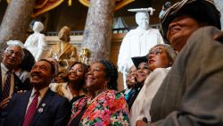 Jul 13, 2022; Washington, DC, USA; Members of the Congressional Black Caucus gather and pose for photographs in front of the statue Mary McLeod Bethune and Rosa Parks after Speaker of the House Nancy Pelosi, D-Calif. and congressional leaders hosted a statue dedication and unveiling ceremony in honor of Dr. Mary McLeod Bethune in Statuary Hall at the Capitol in Washington on Wednesday, July 13, 2022. Dr. Mary McLeod Bethune was a civil rights pioneer and a champion for Black women's rights in the United States. From the state of Florida, Dr. Bethune will be the first Black American to represent a state in the National Statuary Hall in the United States Capitol.