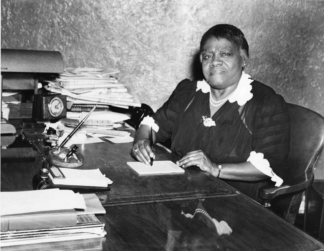 Educator Mary McLeod Bethune sits at a desk in 1942. Ms. Bethune wrote a regular weekly public affairs column for the newspaper. 