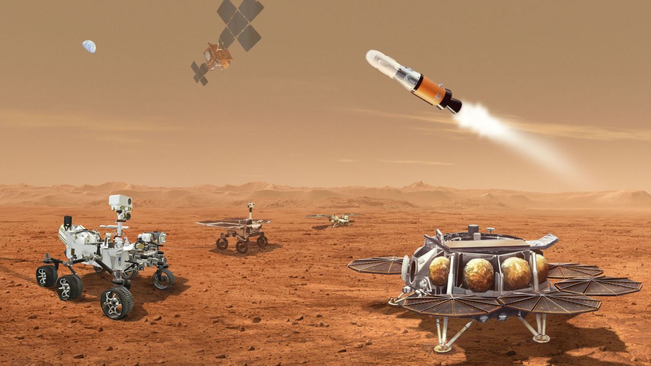 This illustration shows multiple robots that would work together to collect Martian samples and return them to Earth.