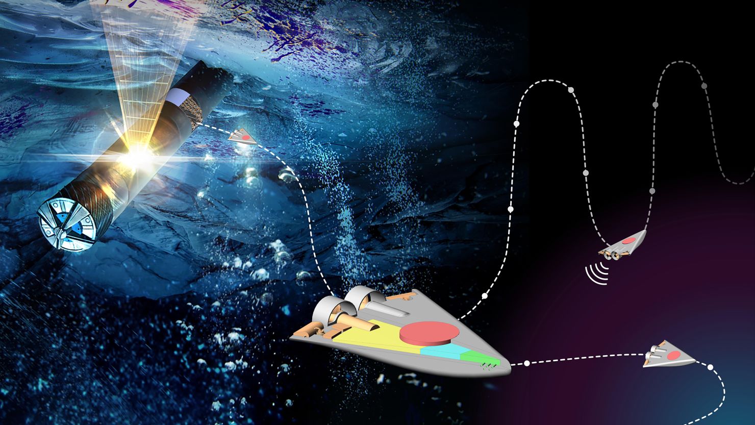 With the SWIM concept, a probe would release dozens of swimming bots beneath the ice.
