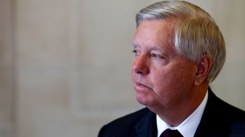 Sen. Lindsey Graham (R-SC) listens as Sen. Ted Cruz (R-TX) speaks at a news conference at the US Capitol to discuss immigration at the southern border on June 22, 2022, in Washington, DC. 