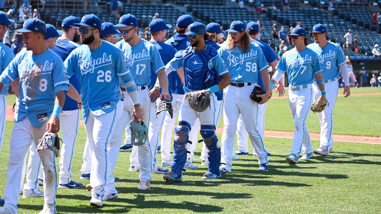 The Kansas City Royals come off the field after winning a MLB game against the Detroit Tigers on July 13, 2022, at Kauffman Stadium in Kansas City.