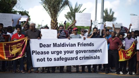 Sri Lankans living in Maldives stage a demonstration in Male on July 13.