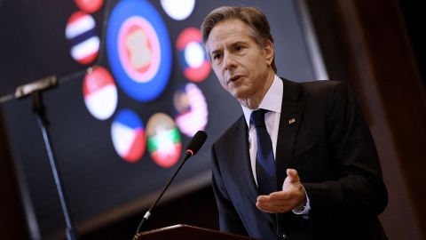 US Secretary of State Antony Blinken gives a speech titled "A Free and Open Indo-Pacific" in Jakarta, Indonesia, in December 2021.