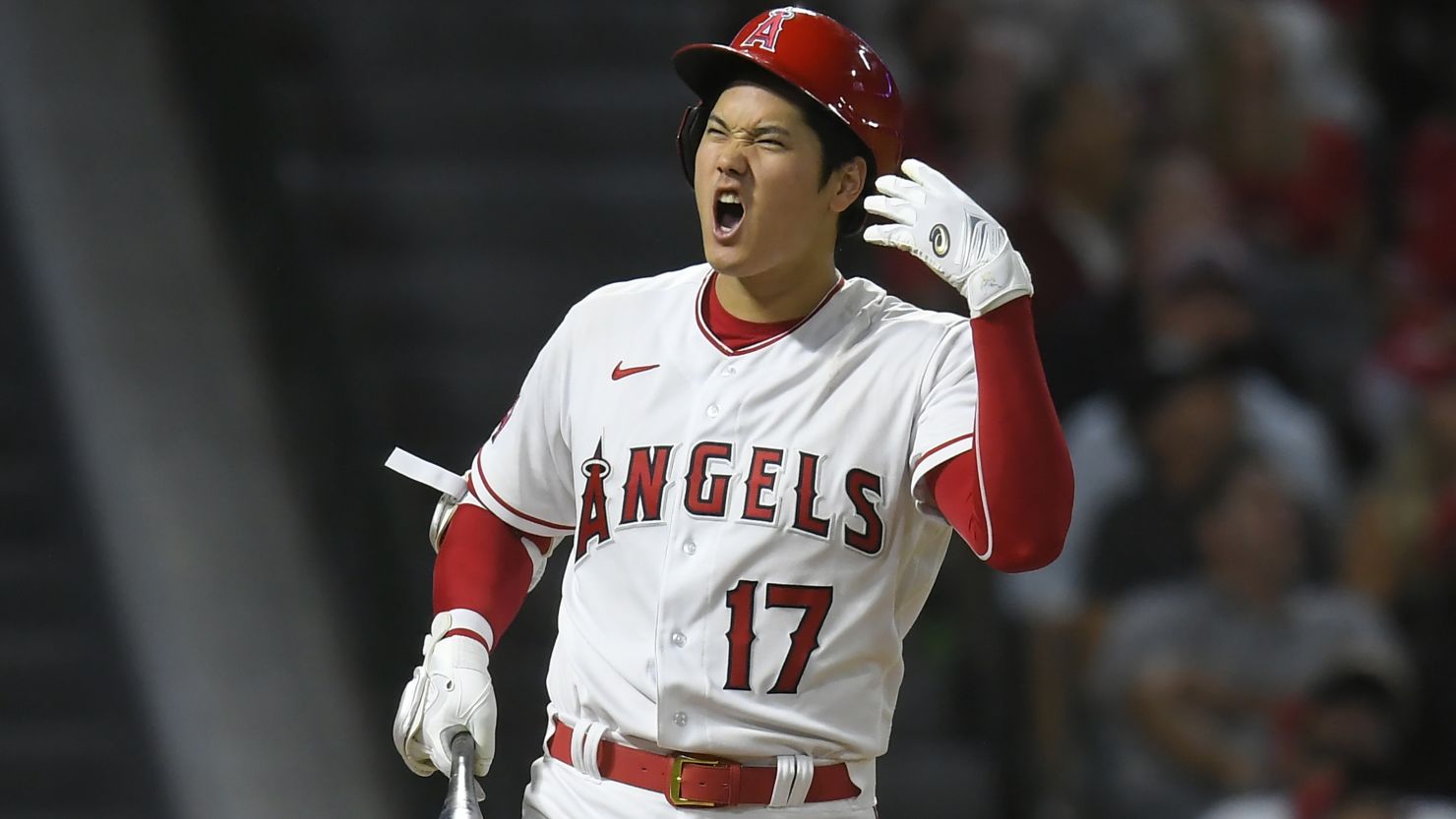 Shohei Ohtani reacts to hitting a foul ball while playing against the Houston Astros.