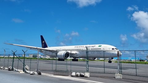 A Saudia airline Boeing 787 Dreamliner bound for Singapore and carrying Sri Lanka's fleeing President Gotabaya Rajapaksa at the Velana International airport on July 14.