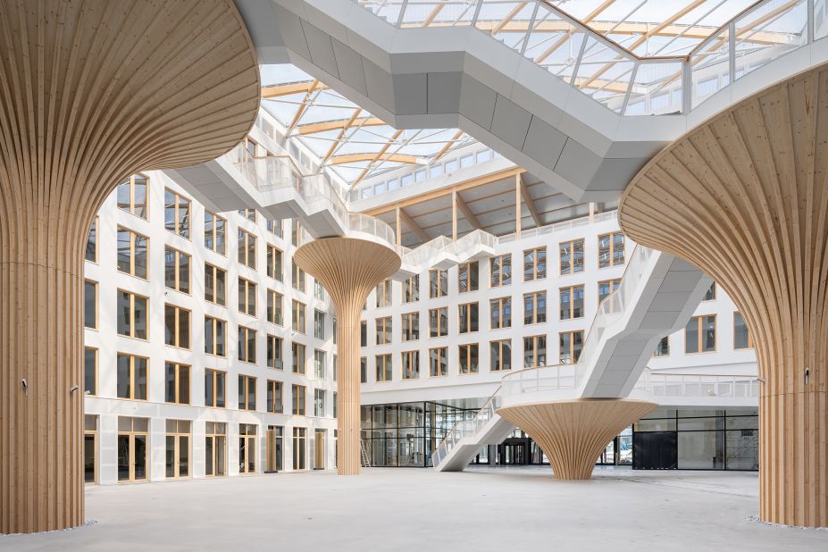 German firm Tchoban Voss Architekten says it was able to slash carbon emissions by combining wood and concrete in its design for EDGE Suedkreuz Berlin. The larger of the project's two buildings is now among Europe's largest freestanding "hybrid-timber" structures. 