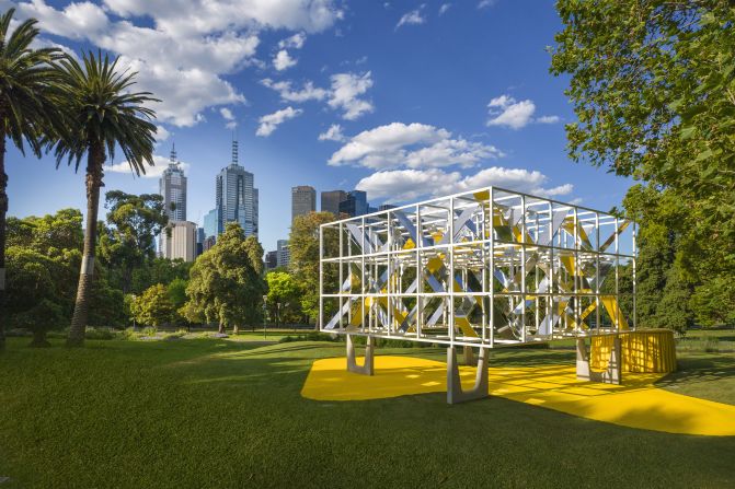 The MPavilion program sees different architects invited to design a temporary structure at the Queen Victoria Gardens in Melbourne. Last year's commission, by Italian firm MAP studio, was envisioned as an "urban lighthouse", with sunlight reflected around the geometric structure by angular mirrored panels.