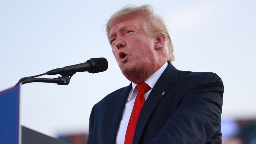 MENDON, IL - JUNE 25: Former US President Donald Trump gives remarks during a Save America Rally at the Adams County Fairgrounds on June 25, 2022 in Mendon, Illinois. Trump will be stumping for Rep. Mary Miller in an Illinois congressional primary and it will be Trump's first rally since the United States Supreme Court struck down Roe v. Wade on Friday. (Photo by Michael B. Thomas/Getty Images)