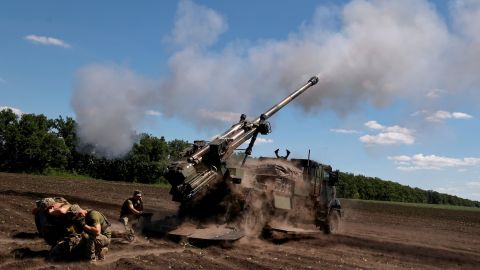 Ukrainian service members fire towards Russian positions with a CAESAR self-propelled howitzer, as Russia's attack on Ukraine continues, in the Donetsk region, on June 8.