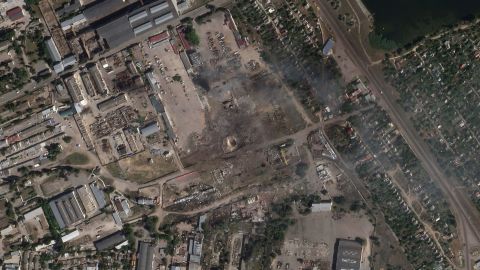 This satellite image from Planet Labs PBC shows the aftermath of a Ukrainian strike on what it said was a Russian ammunition depot in Nova Kakhovka.