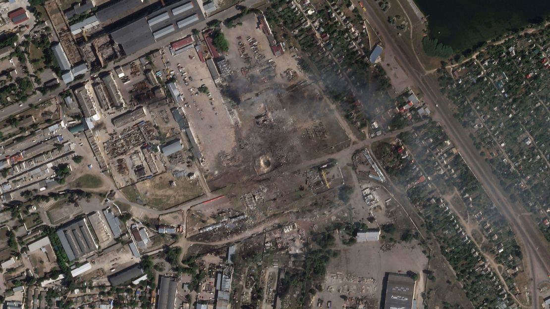 This satellite image from Planet Labs PBC shows the aftermath of a Ukrainian strike on what it said was a Russian ammunition depot in Nova Kakhovka.