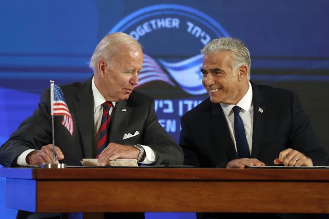 Biden and Israeli Prime Minister Yair Lapid <a href="index.php?page=&url=https%3A%2F%2Fwww.cnn.com%2F2022%2F07%2F14%2Fpolitics%2Fbiden-israel-trip-day-2%2Findex.html" target="_blank">sign a new joint declaration Thursday</a> aimed at expanding the security relationship between their nations and countering what they described as efforts by Iran to destabilize the region. Biden on Thursday said the United States will not allow Iran to acquire a nuclear weapon, and he said he believed diplomacy remained the best avenue to keep the nation from obtaining one.