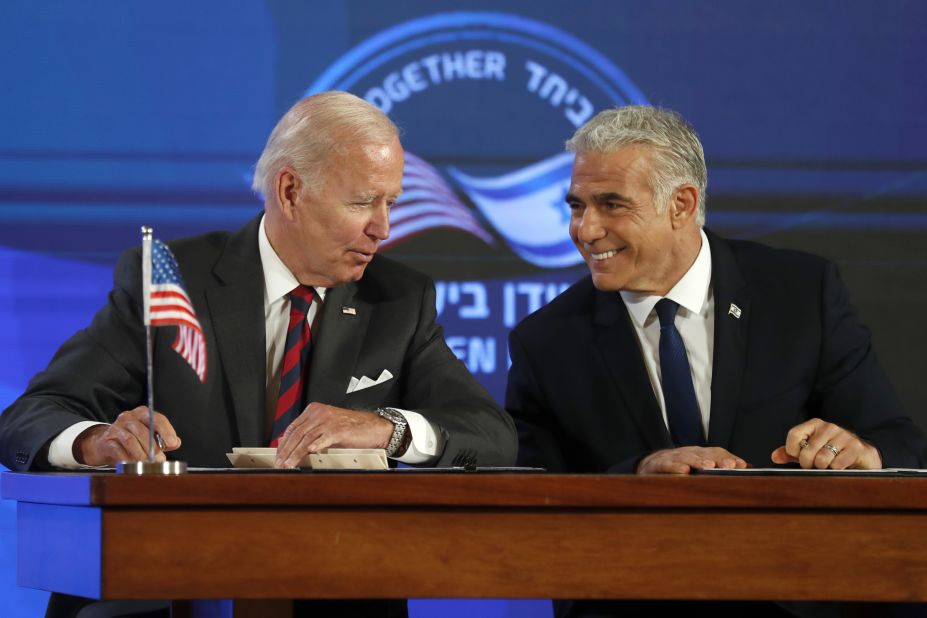 Biden and Israeli Prime Minister Yair Lapid <a href="https://www.cnn.com/2022/07/14/politics/biden-israel-trip-day-2/index.html" target="_blank">sign a new joint declaration Thursday</a> aimed at expanding the security relationship between their nations and countering what they described as efforts by Iran to destabilize the region. Biden on Thursday said the United States will not allow Iran to acquire a nuclear weapon, and he said he believed diplomacy remained the best avenue to keep the nation from obtaining one.