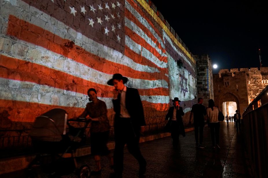 The American and Israeli flags are projected onto the walls of Jerusalem's Old City in honor of Biden's visit.