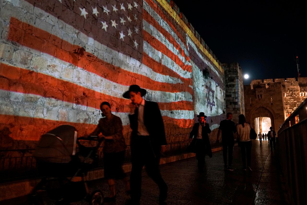 The American and Israeli flags are projected onto the walls of Jerusalem's Old City in honor of Biden's visit.