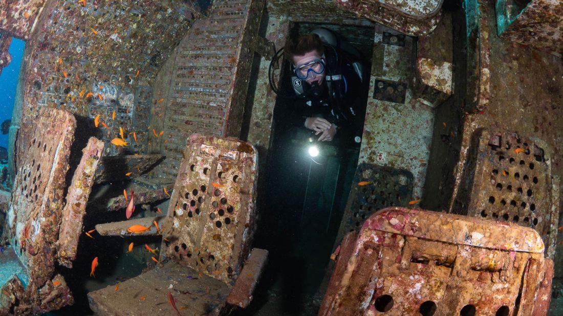 <strong>Inside the plane: </strong>The interior of the plane is largely intact, allowing divers to explore the cockpit, main cabin -- complete with seating rows -- and the galley.