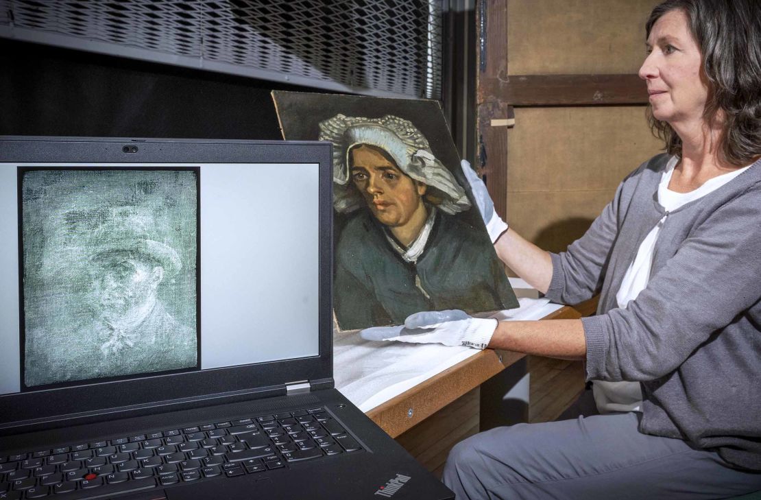 An X-ray showing Van Gogh's self-portrait next to the artwork that conceals it.