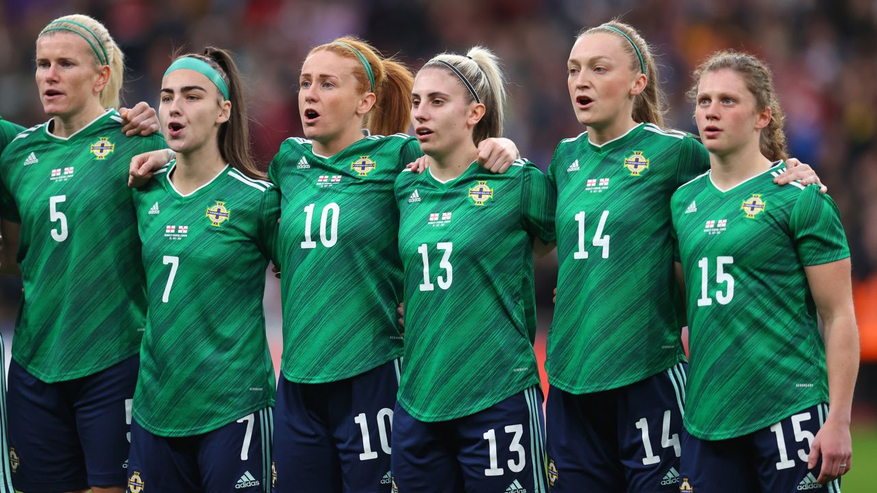 Northern Ireland assembles for its anthem during its World Cup qualifying match against England.