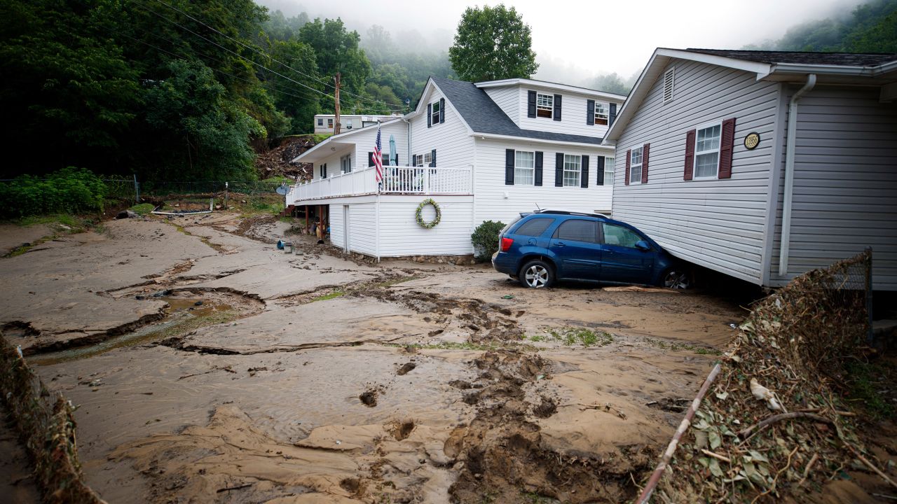 A house was moved off its foundation after a flash flood, Thursday, July 14, 2022, in Whitewood, Virginia.