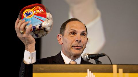 Tide Pods launched in 2012. Here, former CEO Bob McDonald showcases an early version of Tide Pods' clear package design.