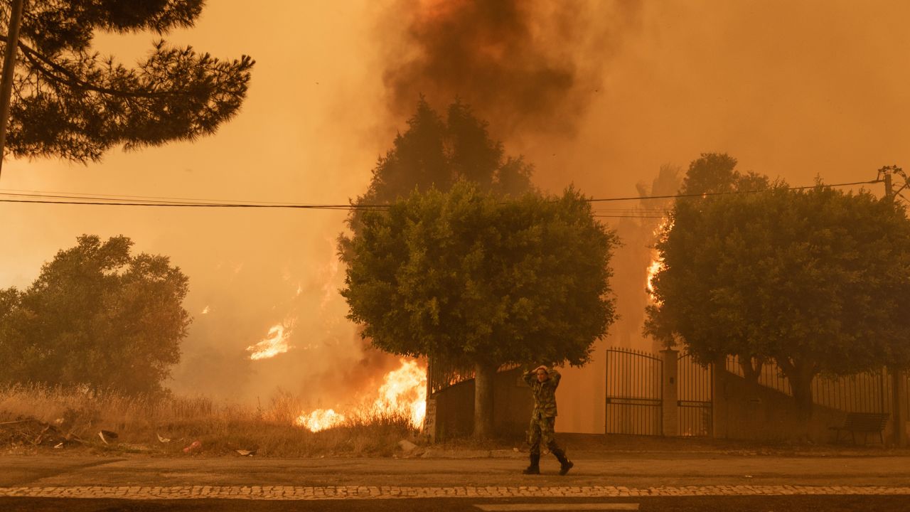 A member of the armed forces walks near a forest fire in Palmela, Portugal on July 13. The fire is currently close to a petrol station. In an effort to save their lives, some people and animals are being evacuated. 