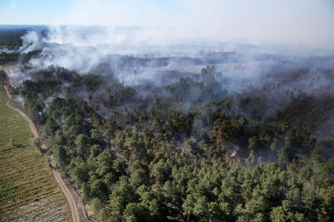 A wildfire burns through vegetation in Landiras, southwestern France, on July 13.