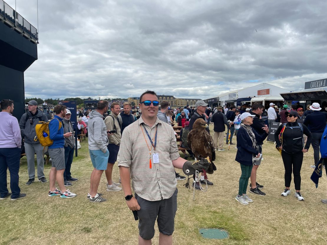 Fearnley the tawny eagle with handler John from Elite Falconry, a company employed by the R&A to scare away problematic seagulls from the Old Course at the 150th Open.