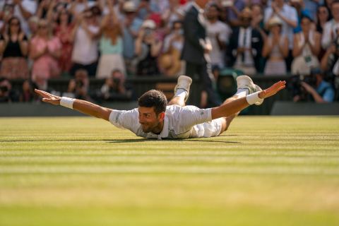 Tennis star Novak Djokovic celebrates after <a href="https://www.cnn.com/2022/07/10/tennis/wimbledon-2022-mens-final-djokovic-kyrgios-spt-intl/index.html" target="_blank">winning the Wimbledon final</a> on Sunday, July 10. It is Djokovic's 21st grand slam title, putting him one behind Rafael Nadal for the most all-time.