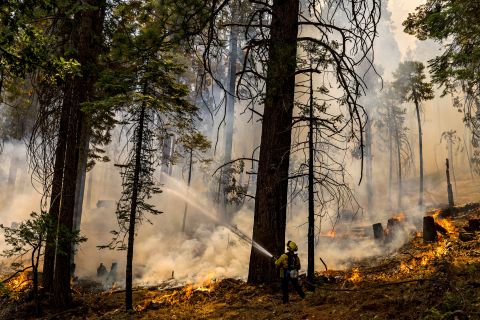 A firefighter works in California's Yosemite National Park on Monday, July 11. The park has been struggling with the <a href="https://www.cnn.com/2022/07/12/weather/yosemite-washburn-fire-sequoia-tuesday/index.html" target="_blank">Washburn wildfire.</a>