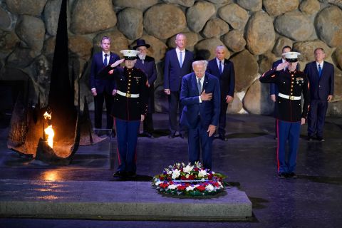 US President Joe Biden lays a wreath Wednesday, July 13, at the Yad Vashem Holocaust Remembrance Center in Jerusalem. Biden arrived in Israel on Wednesday for the start of a <a href="http://www.cnn.com/2022/07/13/politics/gallery/biden-middle-east-trip/index.html" target="_blank">four-day visit to the Middle East.</a> It is his first trip to the region since being elected president.
