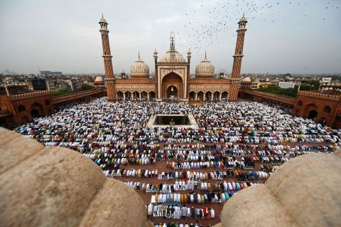 Muslims offer Eid al-Adha prayers at the Jama Masjid in New Delhi on Sunday, July 10.