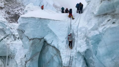 The expedition team navigates the Khumbu Icefall, located just shy of 18,000 feet.