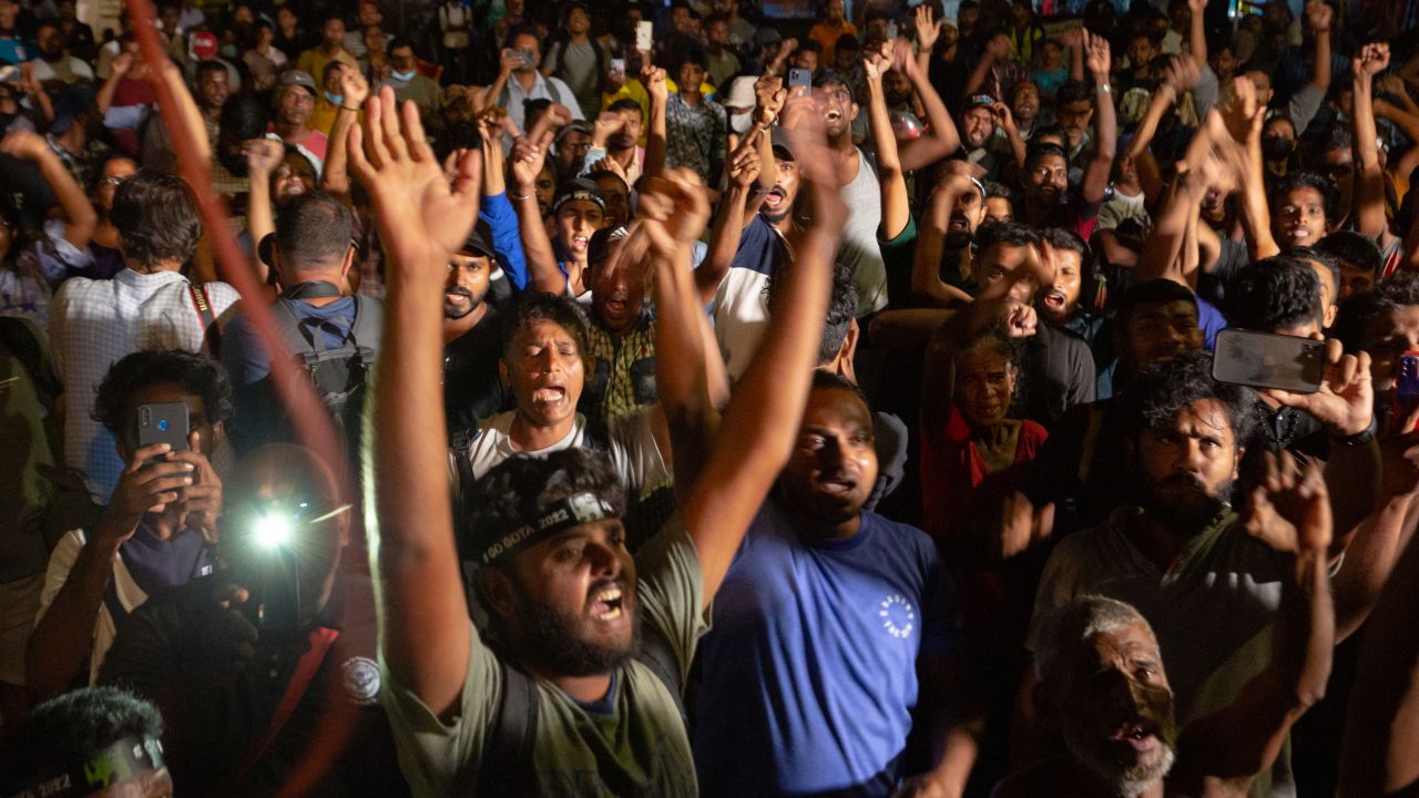 People in Colombo, Sri Lanka, celebrate upon learning about the resignation of President Gotabaya Rajapaksa on July 14.