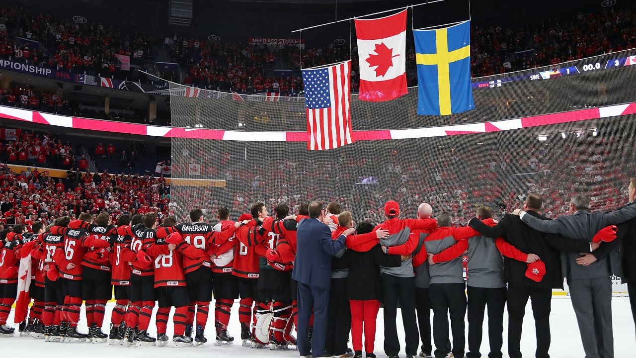 Team Canada stands for the national anthem after the gold medal game against Sweden of the IIHF World Junior Championship at KeyBank Center on January 5, 2018.