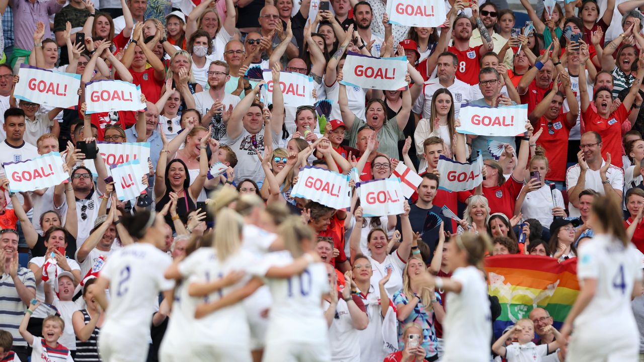 The crowd celebrating an England goal against Norway.
